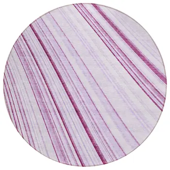 8' Lavender Ivory And Eggplant Round Striped Washable Indoor Outdoor Area Rug