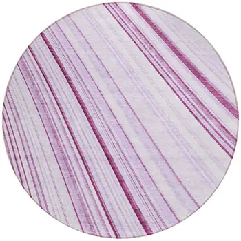 8' Lavender Ivory And Eggplant Round Striped Washable Indoor Outdoor Area Rug