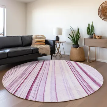 8' Lavender Ivory And Eggplant Round Striped Washable Indoor Outdoor Area Rug