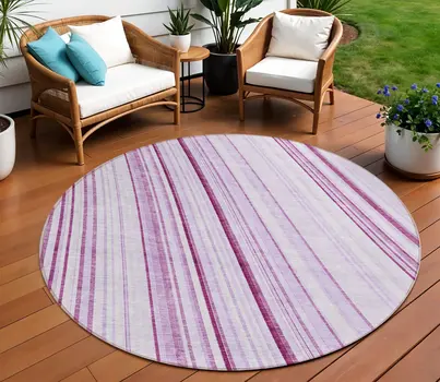 8' Lavender Ivory And Eggplant Round Striped Washable Indoor Outdoor Area Rug