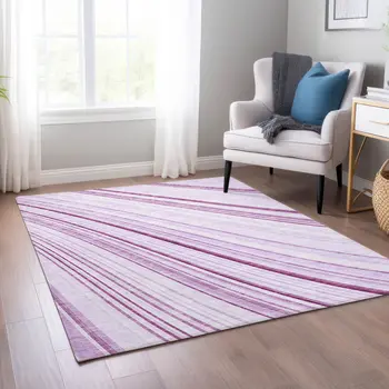 8' X 10' Lavender Ivory And Eggplant Striped Washable Indoor Outdoor Area Rug