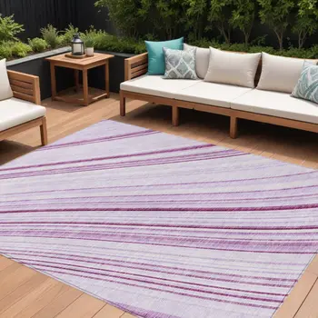 9' X 12' Lavender Ivory And Eggplant Striped Washable Indoor Outdoor Area Rug