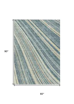 5' X 8' Sky Blue Beige And Tan Striped Washable Indoor Outdoor Area Rug