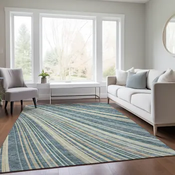 5' X 8' Sky Blue Beige And Tan Striped Washable Indoor Outdoor Area Rug