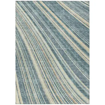 8' X 10' Sky Blue Beige And Tan Striped Washable Indoor Outdoor Area Rug