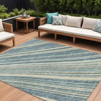 9' X 12' Sky Blue Beige And Tan Striped Washable Indoor Outdoor Area Rug