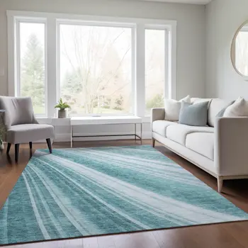 5' X 8' Teal Blue Turquoise And Aqua Striped Washable Indoor Outdoor Area Rug