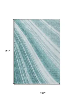 9' X 12' Teal Blue Turquoise And Aqua Striped Washable Indoor Outdoor Area Rug