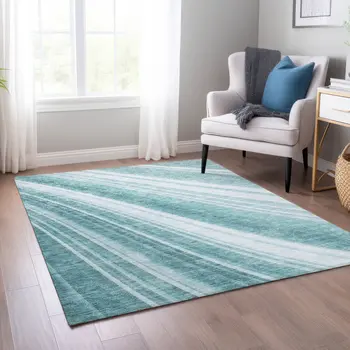 9' X 12' Teal Blue Turquoise And Aqua Striped Washable Indoor Outdoor Area Rug