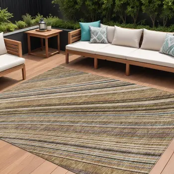 9' X 12' Taupe Beige And Brown Striped Washable Indoor Outdoor Area Rug