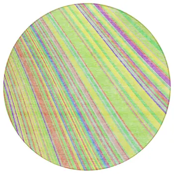 8' Yellow Lime Green And Purple Round Striped Washable Indoor Outdoor Area Rug
