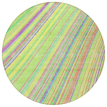 8' Yellow Lime Green And Purple Round Striped Washable Indoor Outdoor Area Rug