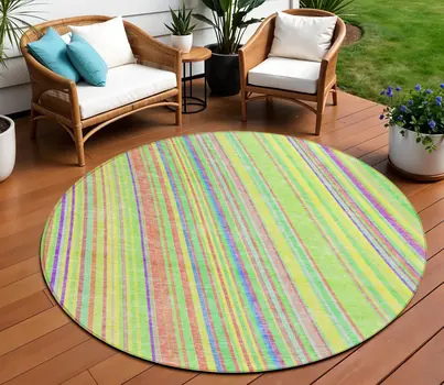 8' Yellow Lime Green And Purple Round Striped Washable Indoor Outdoor Area Rug