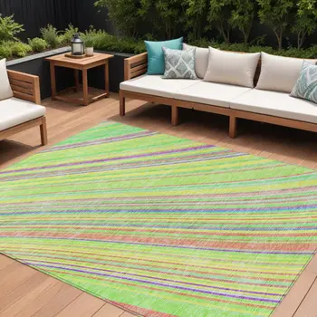 10' X 14' Yellow Lime Green And Purple Striped Washable Indoor Outdoor Area Rug