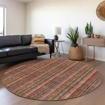 8' Blush Burgundy And Pink Round Striped Washable Indoor Outdoor Area Rug