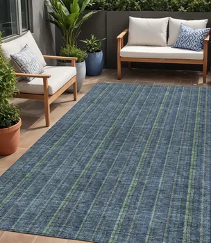 5' X 8' Blue Denim Blue And Mint Green Striped Washable Indoor Outdoor Area Rug