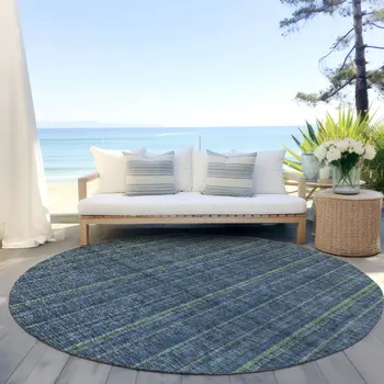 8' Blue Denim Blue And Mint Green Round Striped Washable Indoor Outdoor Area Rug
