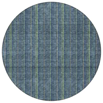 8' Blue Denim Blue And Mint Green Round Striped Washable Indoor Outdoor Area Rug