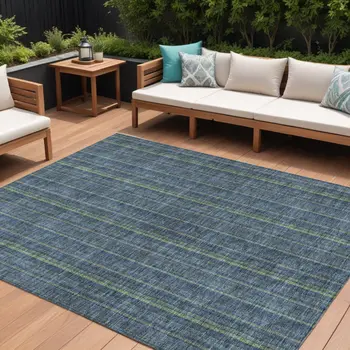 10' X 14' Blue Denim Blue And Mint Green Striped Washable Indoor Outdoor Area Rug