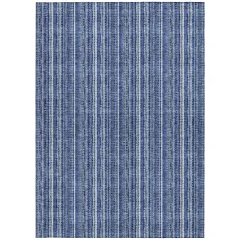 3' X 5' Denim Blue And Ivory Striped Washable Indoor Outdoor Area Rug