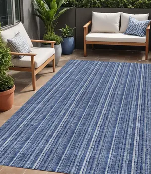 5' X 8' Denim Blue And Ivory Striped Washable Indoor Outdoor Area Rug