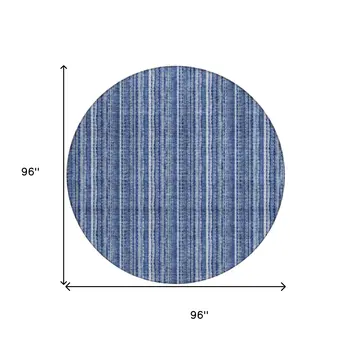 8' Denim Blue And Ivory Round Striped Washable Indoor Outdoor Area Rug