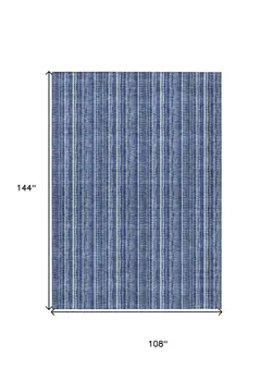 9' X 12' Denim Blue And Ivory Striped Washable Indoor Outdoor Area Rug