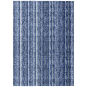 9' X 12' Denim Blue And Ivory Striped Washable Indoor Outdoor Area Rug