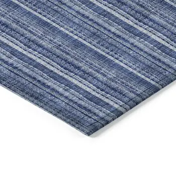 9' X 12' Denim Blue And Ivory Striped Washable Indoor Outdoor Area Rug