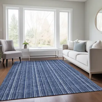 9' X 12' Denim Blue And Ivory Striped Washable Indoor Outdoor Area Rug