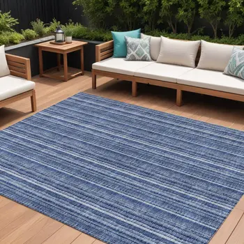 10' X 14' Denim Blue And Ivory Striped Washable Indoor Outdoor Area Rug