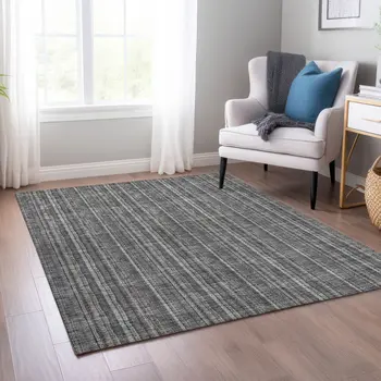 3' X 5' Gray And Silver Striped Washable Indoor Outdoor Area Rug