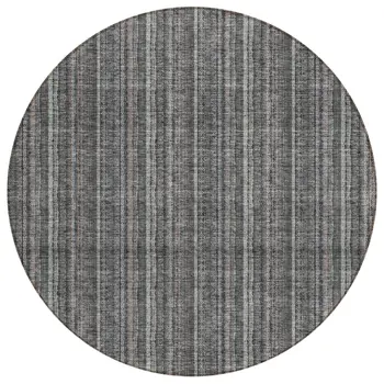 8' Gray And Silver Round Striped Washable Indoor Outdoor Area Rug