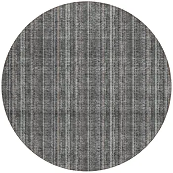 8' Gray And Silver Round Striped Washable Indoor Outdoor Area Rug
