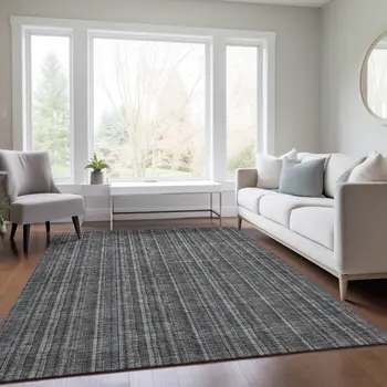 8' X 10' Gray And Silver Striped Washable Indoor Outdoor Area Rug
