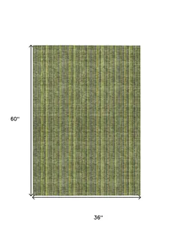 3' X 5' Olive Green And Lime Green Striped Washable Indoor Outdoor Area Rug