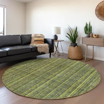 8' Olive Green And Lime Green Round Striped Washable Indoor Outdoor Area Rug