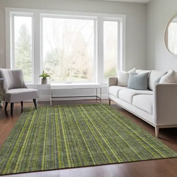 8' X 10' Olive Green And Lime Green Striped Washable Indoor Outdoor Area Rug