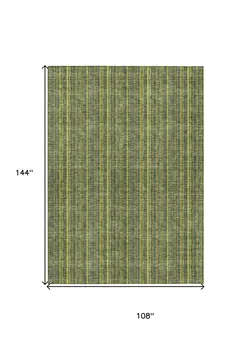 9' X 12' Olive Green And Lime Green Striped Washable Indoor Outdoor Area Rug