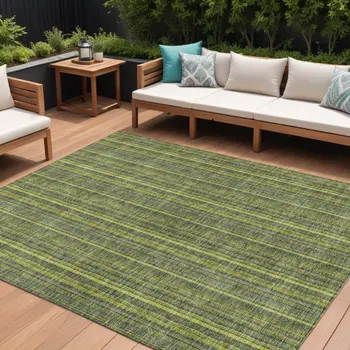 9' X 12' Olive Green And Lime Green Striped Washable Indoor Outdoor Area Rug