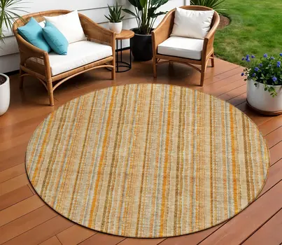 8' Peach Orange And Rust Round Striped Washable Indoor Outdoor Area Rug