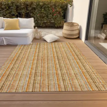 8' X 10' Peach Orange And Rust Striped Washable Indoor Outdoor Area Rug