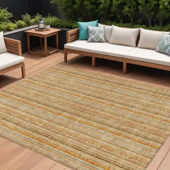 10' X 14' Peach Orange And Rust Striped Washable Indoor Outdoor Area Rug