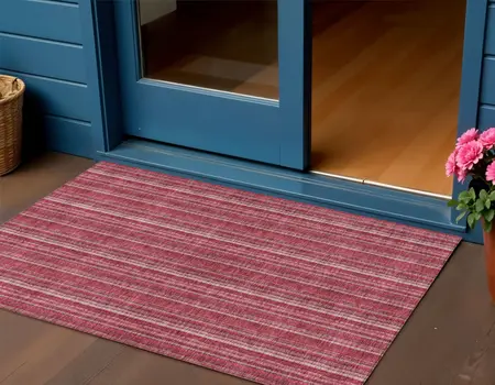 3' X 5' Pink Burgundy And Ivory Striped Washable Indoor Outdoor Area Rug