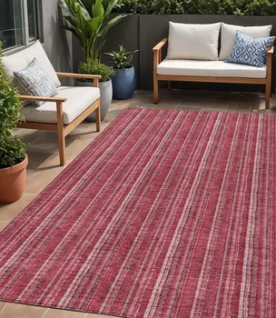5' X 8' Pink Burgundy And Ivory Striped Washable Indoor Outdoor Area Rug
