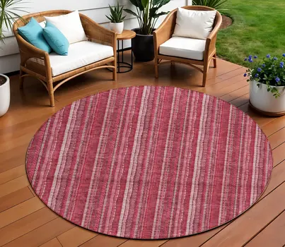 8' Pink Burgundy And Ivory Round Striped Washable Indoor Outdoor Area Rug
