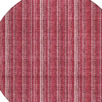 8' Pink Burgundy And Ivory Round Striped Washable Indoor Outdoor Area Rug