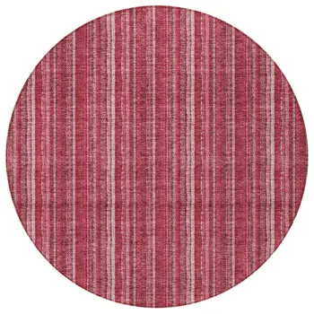8' Pink Burgundy And Ivory Round Striped Washable Indoor Outdoor Area Rug
