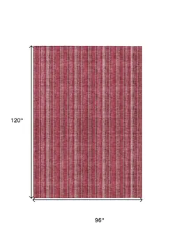8' X 10' Pink Burgundy And Ivory Striped Washable Indoor Outdoor Area Rug