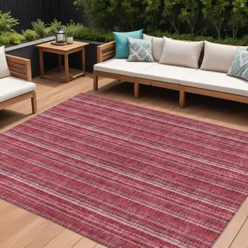 8' X 10' Pink Burgundy And Ivory Striped Washable Indoor Outdoor Area Rug
